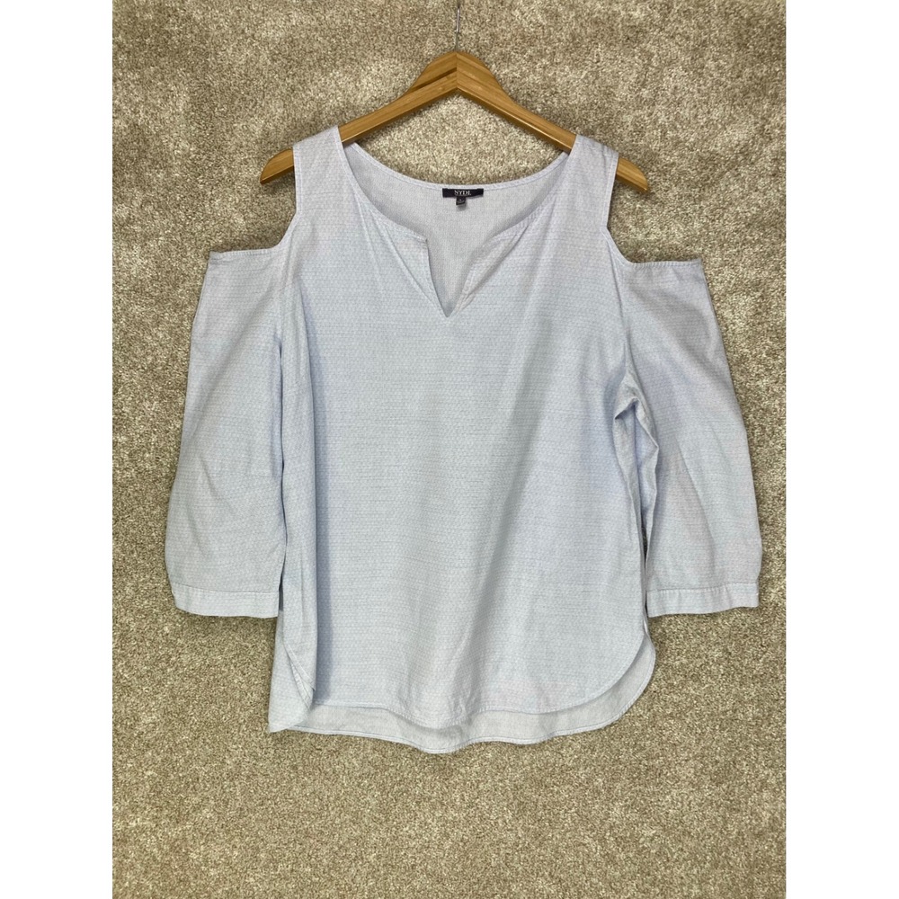 NYDJ Cold Shoulder Split Neck Blouse Womens L Blue Textured Cotton Summer Office